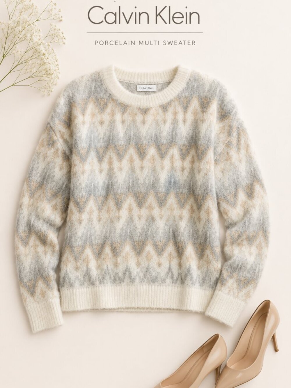 Calvin Klein Women’s Eyelash Knit Fair Isle Sweater Size Small Porcelain NWT